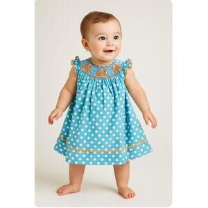 Surcie Smocked Crabs Bishop Dress Girls Size 18mo Blue With White Polka Dots